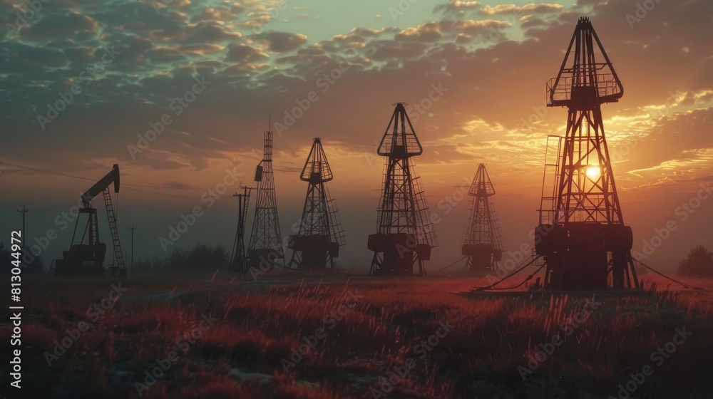 A serene sunset backdrop with multiple oil pumpjacks in silhouette against the vibrant sky, showcasing industry meeting nature A serene sunset backdrop with multiple oil pumpjacks in silhouette against the vibrant sky, showcasing industry meeting nature