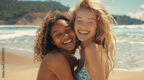 Joyful Friends Embracing on Beach