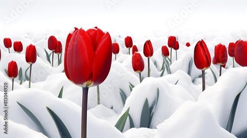 Crimson tulips contrasting beautifully with a snowy white background