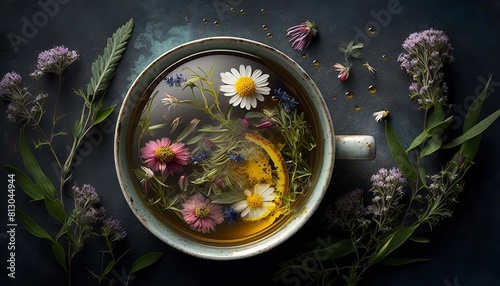 Tea with herbs and flowers in a cup top view. Generative AI,