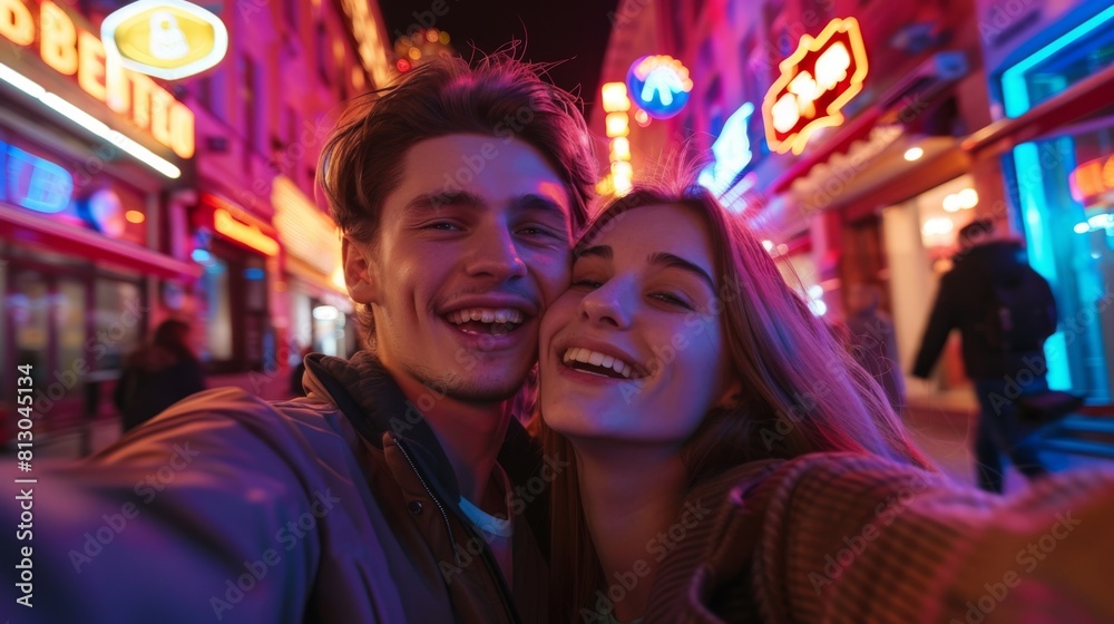 A Couple's Neon Night Selfie
