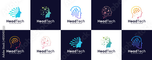set of head tech  Pixel Head logo  brain logo  Robot Technology Template design  vector illustration
