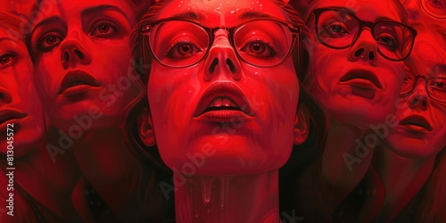 A woman wearing glasses is surrounded by a red background. The woman's expression is one of fear and horror. photo
