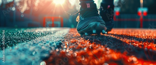 Football Field Background With A Close-Up Of A Football Kicking Strap photo