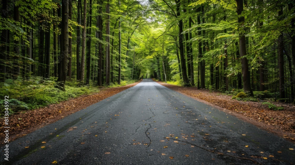A road surrounded by dense trees in a forest, creating a natural tunnel, adventure background A road surrounded by dense trees in a forest, creating a natural tunnel, adventure background