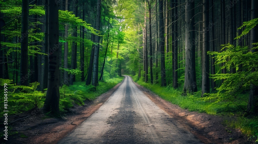Fototapeta premium A dirt road stretches through a dense forest, adventure background
