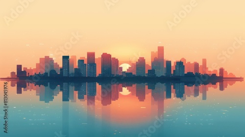 Cityscape with skyscrapers and reflection in water at sunset.