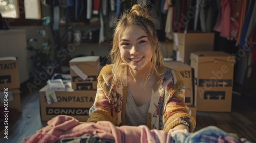 Smiling Woman Unpacking Clothes