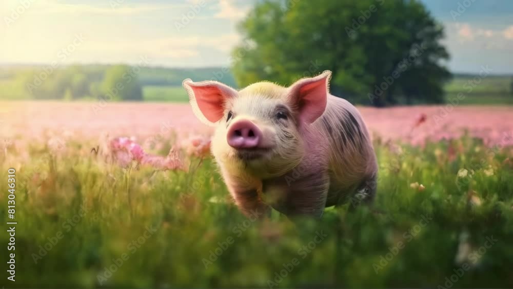 Pink pig standing in a bright green grass field under a blue sky with clouds. Cheerful farm animal in a vibrant setting. Concept of livestock, agriculture, and joyful nature. Motion Pink pig standing in a bright green grass field under a blue sky with clouds. Cheerful farm animal in a vibrant setting. Concept of livestock, agriculture, and joyful nature. Motion