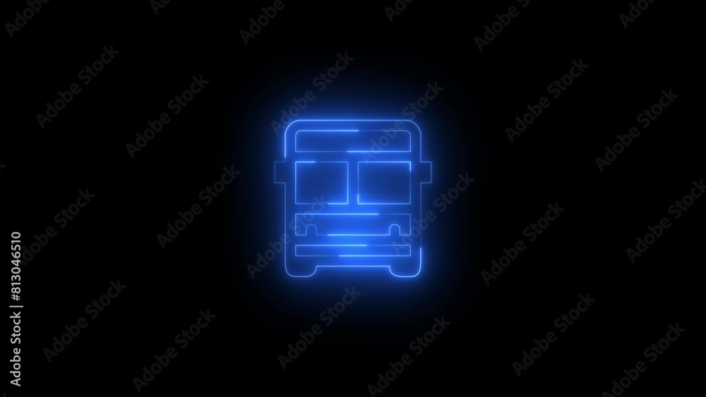 Neon glowing blue color bus icon on black background animation Neon glowing blue color bus icon on black background animation