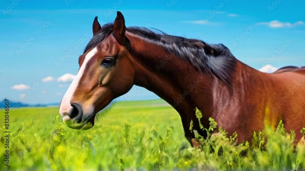 Majestic horse on meadow amidst wild flowers, under expansive blue skies. Stunning natural beauty. Concept of wild freedom, equine grace, and floral landscapes. Motion Majestic horse on meadow amidst wild flowers, under expansive blue skies. Stunning natural beauty. Concept of wild freedom, equine grace, and floral landscapes. Motion