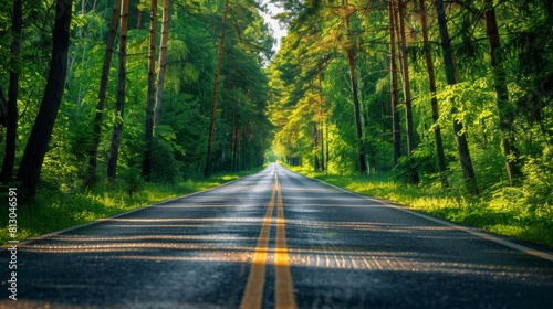 Desolate road in dense forest landscape, adventure background photo