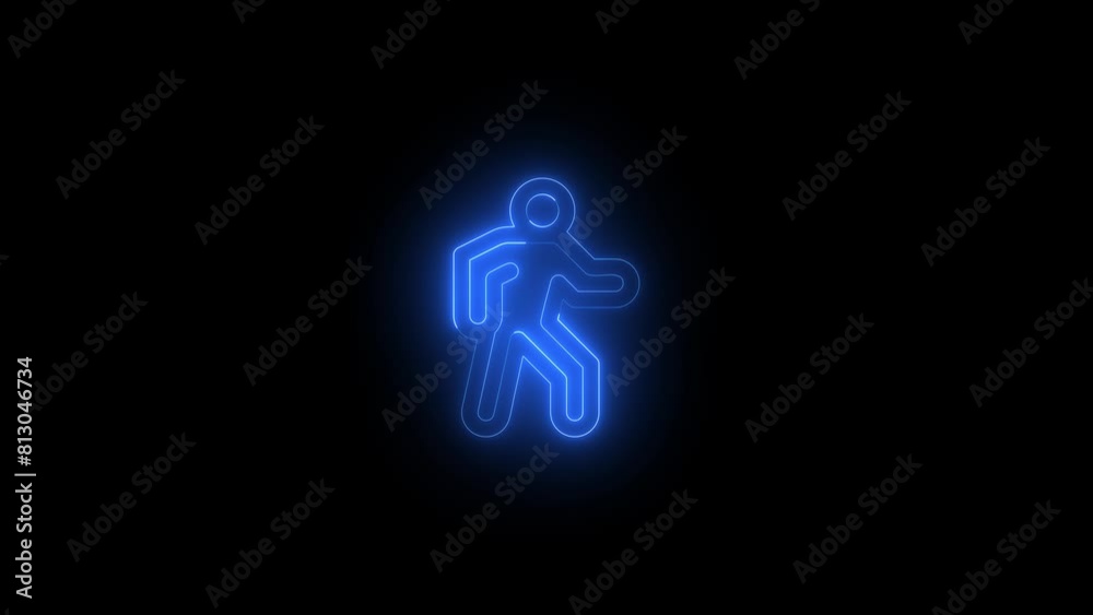 Neon glowing blue color people walk icon on black background animation Neon glowing blue color people walk icon on black background animation