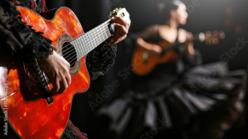 The fiery energy of the flamenco dance is captured in this photo, as the dancer's powerful footwork resonates with the rhythm of the music. photo