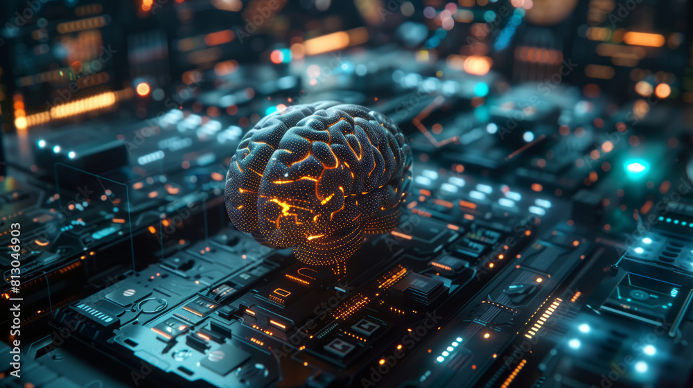 a tiny human brain floating on top of hightech computer circuit board, glowing with energy and data flow in dark background a tiny human brain floating on top of hightech computer circuit board, glowing with energy and data flow in dark background