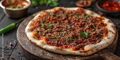 Lahmacun on a rustic wooden table  Thin Turkish pizza topped with minced meat  vegetables  and herbs  Freshly baked