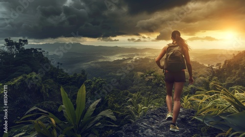 Fototapeta Naklejka Na Ścianę i Meble -  Woman hiking through dense jungle with backpack on back, adventure background