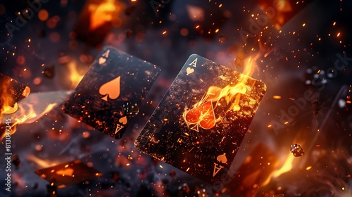 Playing cards in a blazing fire, Copy space,Space for text,Generative AI,燃え盛る炎に包まれているトランプ、コピースペース,テキスト用スペース,Generative AI, photo