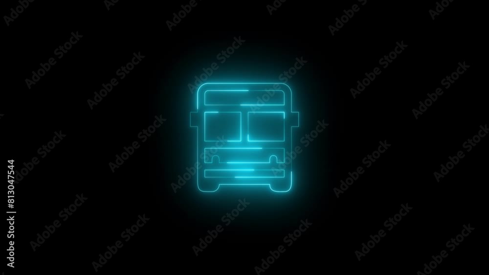 Neon glowing cyan color bus icon on black background animation Neon glowing cyan color bus icon on black background animation