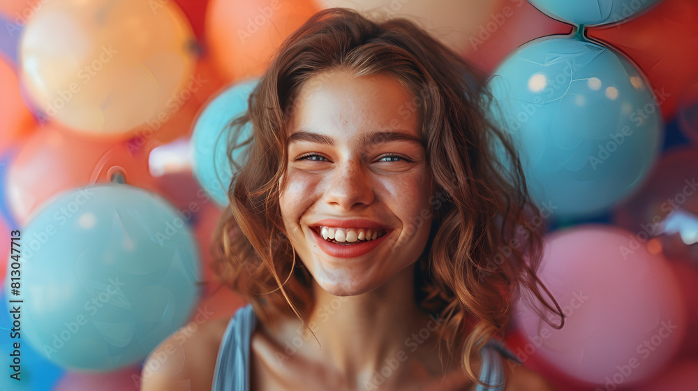 Naklejka premium Potraite Smile girl with balloons 
