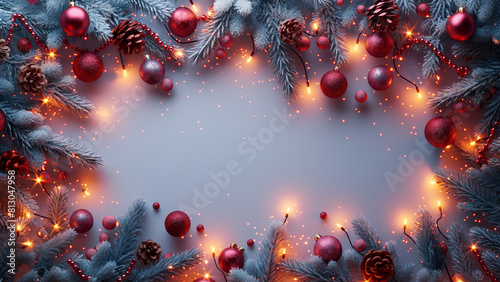 Christmas tree background. Xmas card with spruce branches, luminous garland and Christmas decorations background with copy space. Winter holidays background with copy space