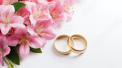 Golden wedding rings and flowers. Two upright gold wed bands isolated on white background. © elena_garder