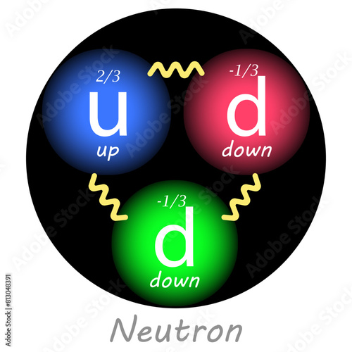 Neutron with one up quark, two down quarks, their charges and the forces between them. Vector illustration. Nuclear physics.