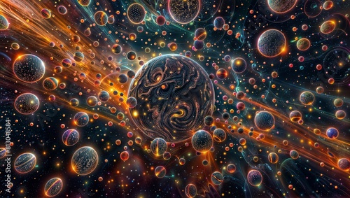 A cosmic fractal artwork depicting a surreal universe with swirling galaxies, nebulae, and celestial spheres suspended in vivid colors, creating an entrancing interstellar vortex.