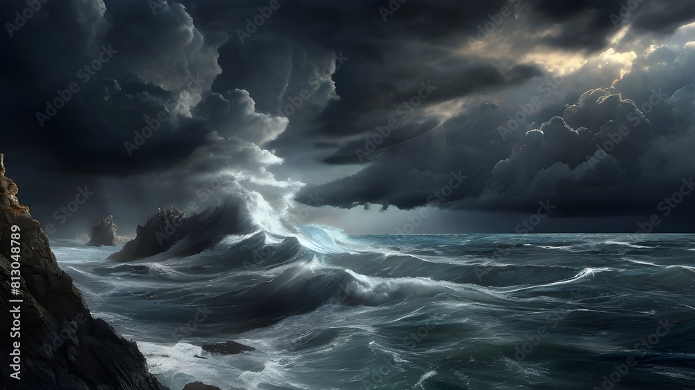 A dramatic storm brewing over the ocean, with dark clouds swirling above turbulent waves crashing against rocks. A dramatic storm brewing over the ocean, with dark clouds swirling above turbulent waves crashing against rocks.
