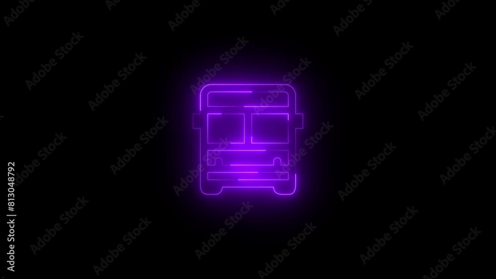 Neon glowing purple color bus icon on black background animation