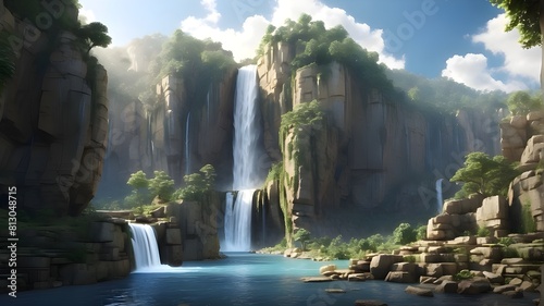 A cascading waterfall hidden deep within a lush jungle, its powerful flow creating a misty spray. 