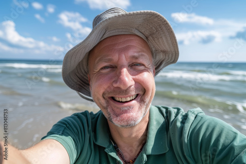 Happy Middle-Aged Man Taking Selfie at the Beach, Close-up selfie of a joyful middle-aged Caucasian man with a hat, smiling on a sunny beach - Summer Vacation Concept   © Martí