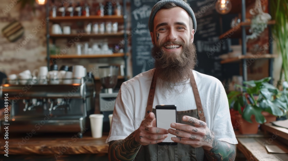 A Smiling Tattooed Barista with Phone