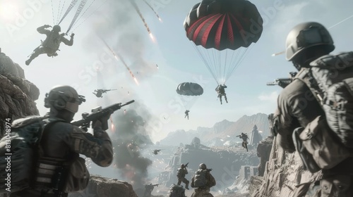 video game scene players parachute falling into the battlefield below