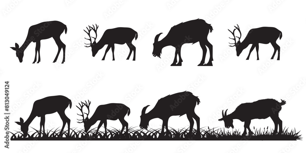 Naklejka premium Collection set of silhouettes of animals, deer, goat and markhoor on the transparent background. Vector illustration
