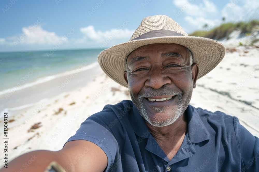 Joyful Senior Man Taking Selfie on Sunny Beach Vacation, Elderly African American man smiling while taking a selfie, wearing a hat, with a clear blue ocean and white sand beach in the background