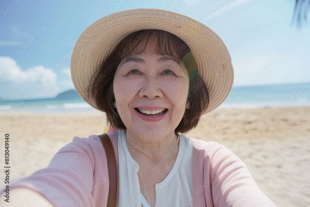 Happy Senior Asian Woman Taking a Beach Selfie on Sunny Day, Delighted senior Asian woman in a straw hat and pink cardigan captures a selfie on a sunny beach with clear blue skies.

