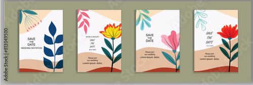 Vector bright and colorful  wedding cards invitation template leaves and flowers floral