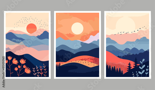 Abstract landscape banner collection, trendy flat art style backgrounds, mountain travel scenery, nature environment poster, sunset view design, outdoor adventure, natural beauty, wilderness