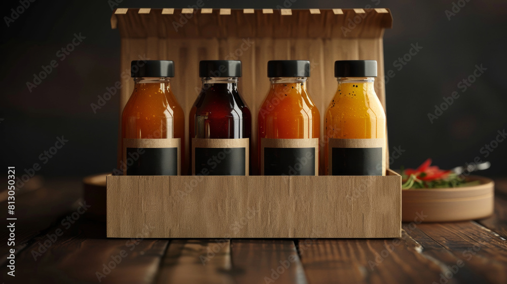 Ready-made packaging for bottles with sauce. Commercial photo.