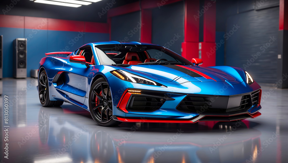 Obraz premium A blue sports car with red stripe
