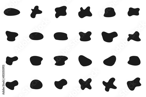 Organic black blobs of irregular shape. Abstract blotch, inkblot and pebble silhouettes, simple liquid amorphous splodge elements water forms creative minimal bubble stone vector set
