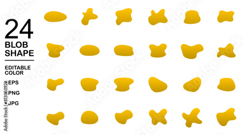 Organic golden blobs of irregular shape. Abstract blotch, inkblot and pebble silhouettes, simple liquid amorphous splodge elements water forms creative minimal bubble stone vector set