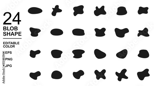 Organic black blobs of irregular shape. Abstract blotch, inkblot and pebble silhouettes, simple liquid amorphous splodge elements water forms creative minimal bubble stone vector set
