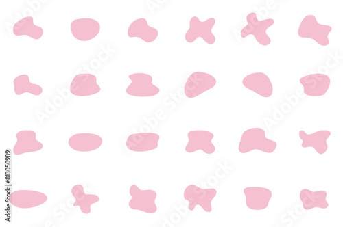 Organic pink blobs of irregular shape. Abstract blotch, inkblot and pebble silhouettes, simple liquid amorphous splodge elements water forms creative minimal bubble stone vector set