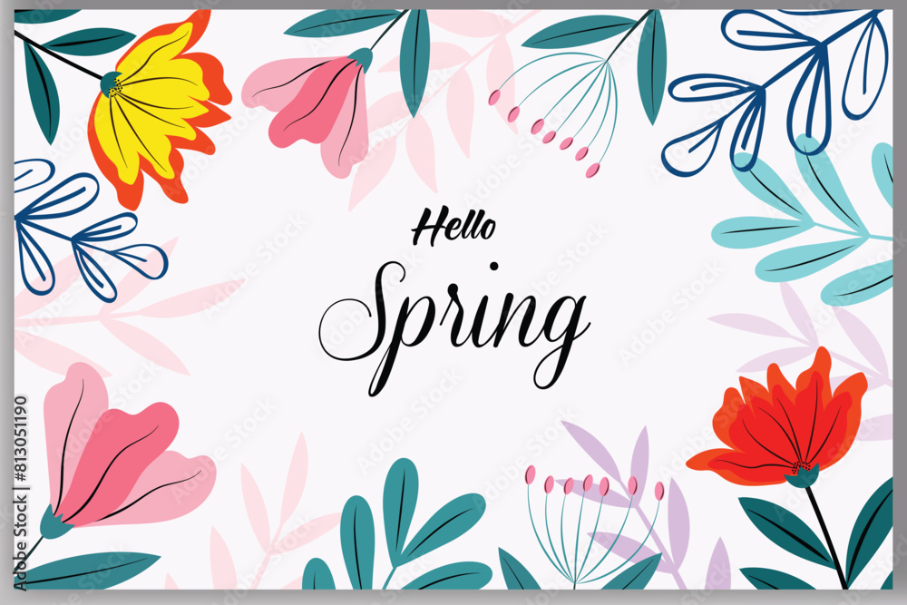 Obraz premium Hello Spring lettering and colorful flowers banners design vector
