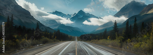 Mountain road in Jasper National Park, Alberta, Canada. Panorama photo