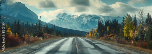 Autumn road in the Canadian Rockies. Panoramic view photo