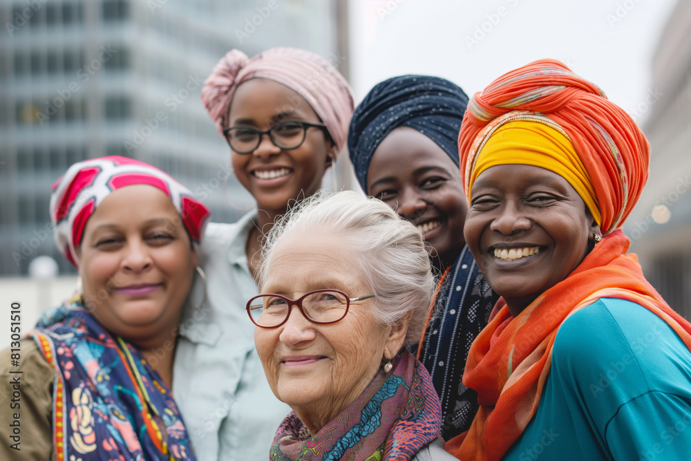 Multi-generational group of women with diverse cultural backgrounds, wearing colorful headscarves, smiling warmly as they pose together, showcasing unity and joy in their friendship Multi-generational group of women with diverse cultural backgrounds, wearing colorful headscarves, smiling warmly as they pose together, showcasing unity and joy in their friendship