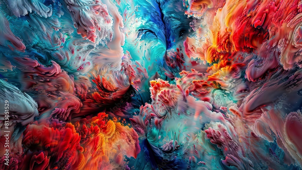 An ethereal and imaginative digital artwork showcasing abstract, painterly shapes and forms in fiery red, cool blue, and swirling white textures, evoking themes of nature, elements.